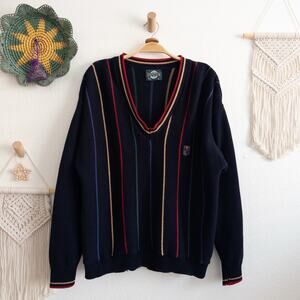 Jantzen Navy Stripe V-Neck Sweater Size XL Vintage